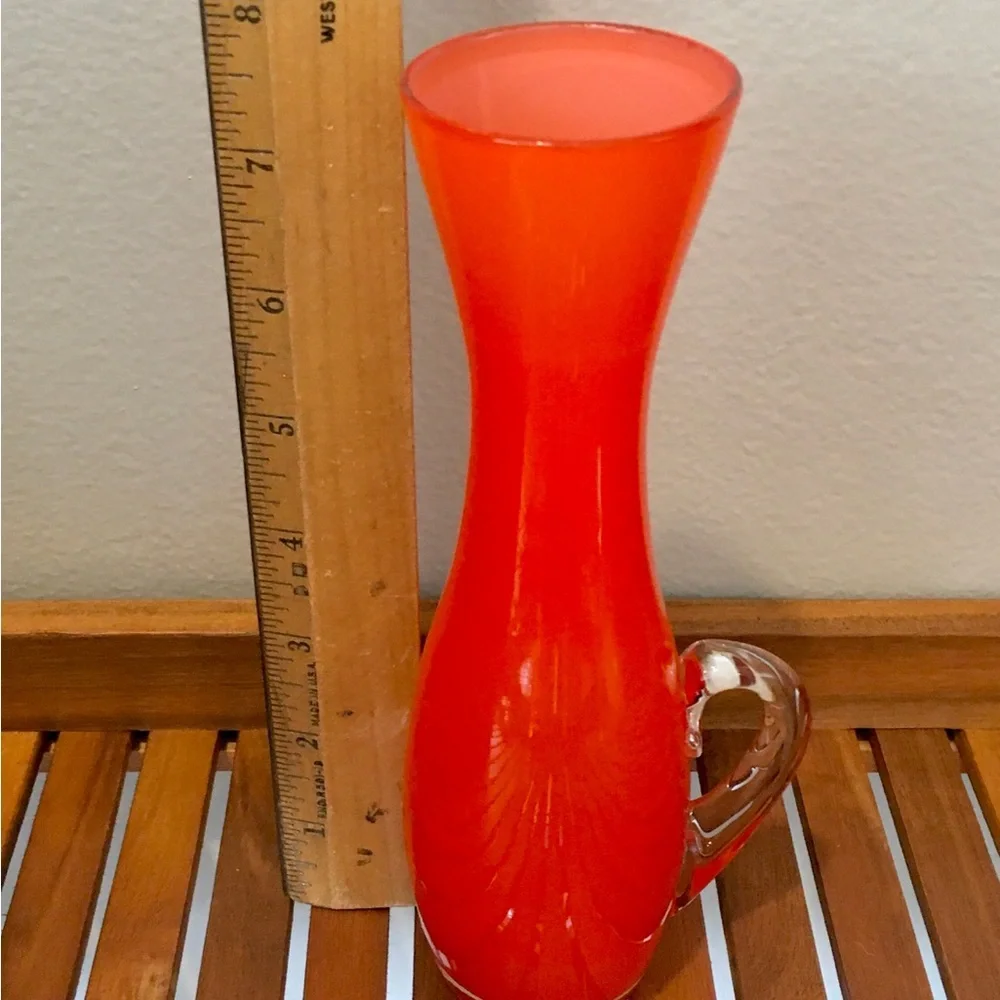 Vintage 60’s-70’s Orange Cased Glass Pitcher Vase w Clear Handle 7.5” H
